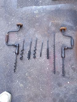 Two Vintage Hand Drills With Eight Bits