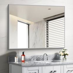 30x40In Silver Bathroom Mirror For Wall, Brushed Nickel Rectangle Mirrors With Metal Frame, Bathroom Rectangular Mirror Modern Wall Mirror For 