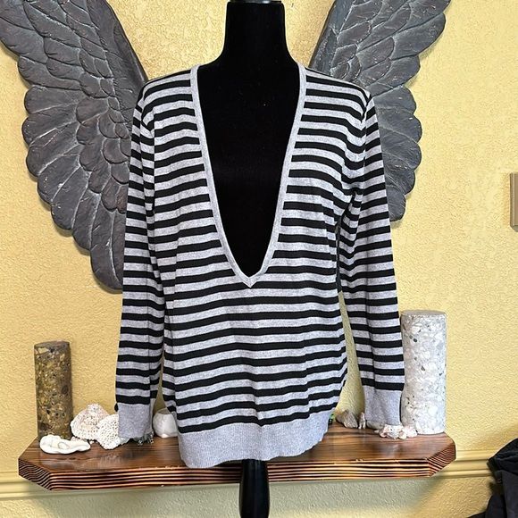 Laura Scott Striped Deep V-neck Cardigan Sweater