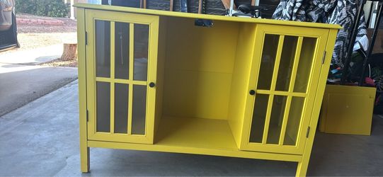 Yellow Wood TV Stand with Glass Panel Doors