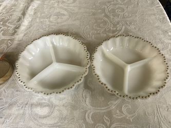 Anchor Hocking 1960’s Beaded Rim Milk Glass Dish With Dividers, Set of 2