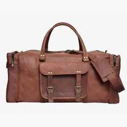 New Durable 100% Leather Travel Bag with Durable Canvas Green Lining 24x9x8 Deep Compartments on sides for Shoes , Front Pocket for quick access to c