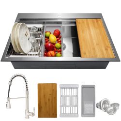 AKDY Handmade 33x22 Top Mount Single Bowl Kitchen Sink with Spring Neck Faucet