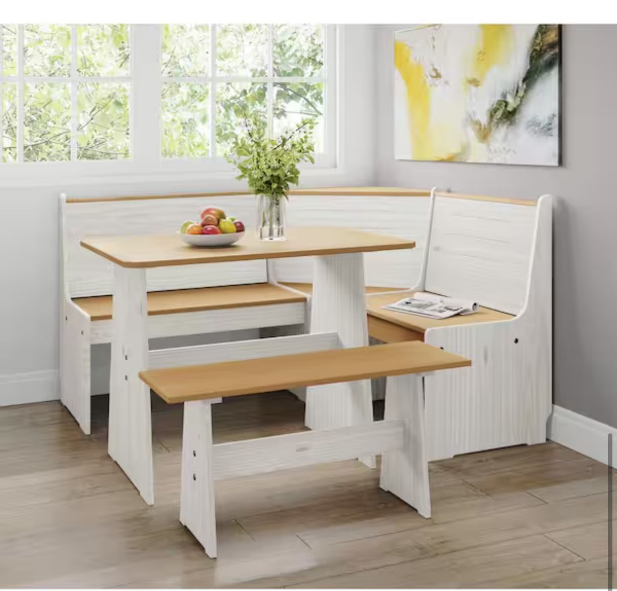 Solid Wood 3 Piece Corner Dining Set-Natural/White