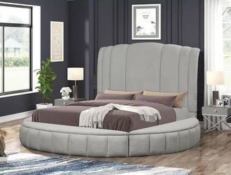 GREY ROUND QUEEN BED  WITH STORAGE AND SPEAKERS