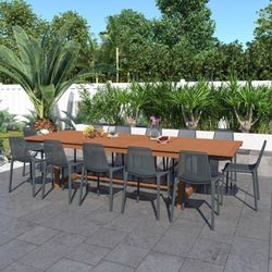 BRAND NEW Rectangular Outdoor 13pc 100% FSC Solid Hardwood and Gray Resin Dining Set