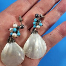 Vintage Natural Shell and Turquoise Tear Drops Earrings