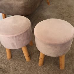 Pair Of Blush Pink / Beige Velvet Round Stools / Ottomans