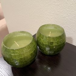 2 Green Glass Candles 