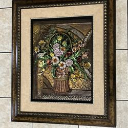 This is a rare framed 3D foil inlay picture art of flowers in a basket 