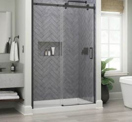 Commix 46 to 48 in. W x 76 in. H Frameless Exposed Roller Sliding Shower Door in Matte Black with 5/