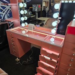 Brand New Vanity 13 Drawers Light Inside Drawers & Desk Pink W/ XL Hollywood Mirror Bluetooth Speaker $799