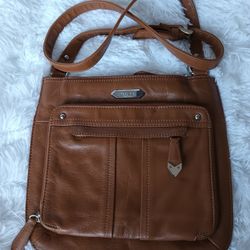 Pearlina New York Brown Leather Organizer Crossbody Bag Adjustable Strap