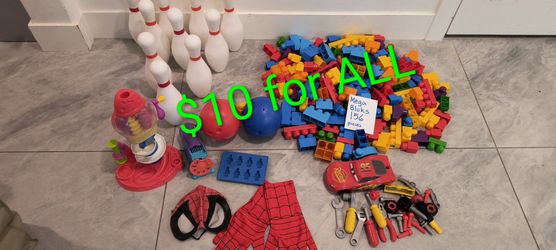 Large Toy Lot - Take All For $10 - Mega Bloks 156 pieces, Disney Lightning McQueen, Spiderman, Play-Doh & Bowling