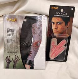 New Spirit Halloween zombie Tattoo Sleeve and Scar Set Bundle