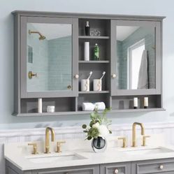 New WELLFOR 55"x35" Bathroom Medicine Cabinet with Mirror, Wall Mounted Storage Cabinet for Bathroom, Mirror Cabinet with Open/Built-in Shelves and Do