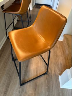 3 Counter Stools - Cognac Faux Leather, Black Metal Frame
