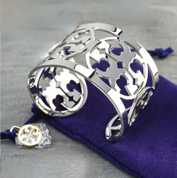 Tory Burch Logo Silver Filigree Wide Cuff Bracelet