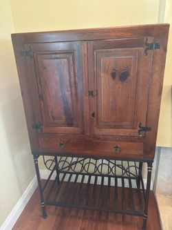 Rustic Wood Drinks Cabinet on Wrought Iron Stand