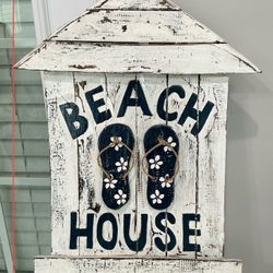 Shabby Weathered White, Brown & Blue Hanging Wood “Beach House” Sign with Flip Flops