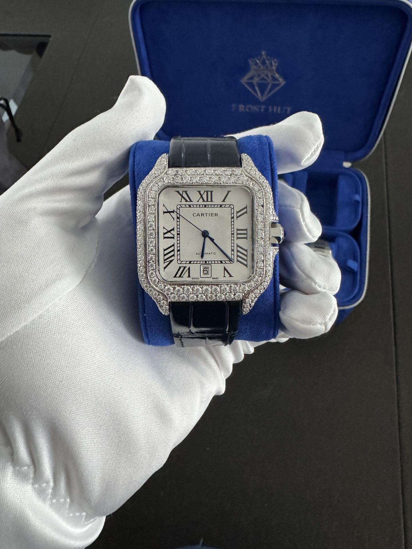 Moissanite Cartier Santos, Blue Leather Strap