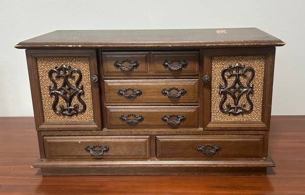 Vintage Mid Century Wooden Jewelry Armoire Box Organizer