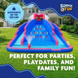 Sunny & Fun Heavy Duty Inflatable Waterslide•Climbing Wall• 2 Slides•3 Sprayers & Splash Pool•Inflates in minutes, Blower included• Original Packaging