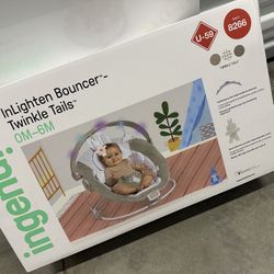 InLighten by Ingenuity Twinkle Tails Vibrating Infant Baby Bouncer with Lightning Toy Bar and Pillow