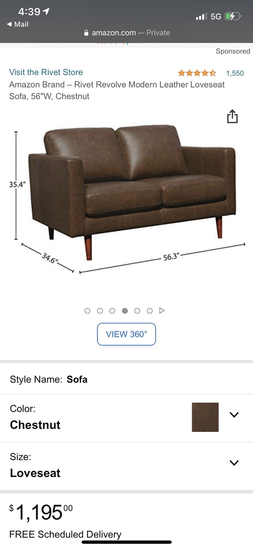 New, Rivet Revolve Modern Leather Loveseat Sofa, 56"W, Chestnut