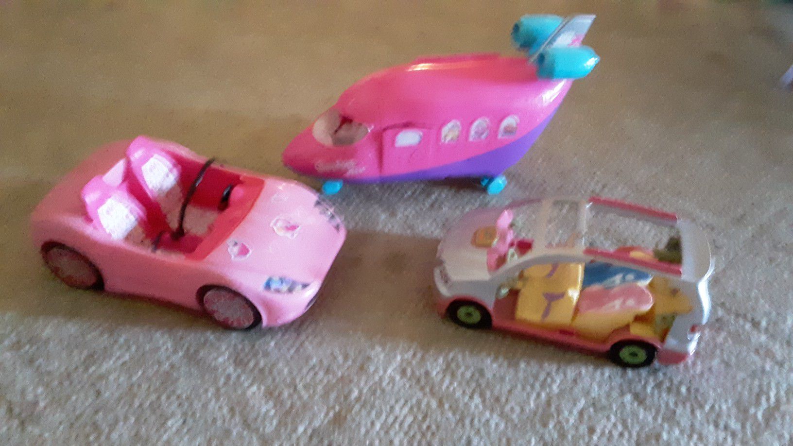 Shopkins plane, barbie car and Fisher price van, good condition