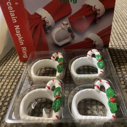 Vintage Set Of 4 Porcelain Candy Cane Napkin Rings 