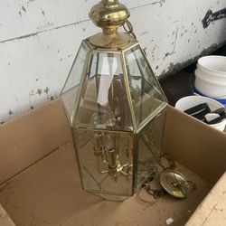 Antique hanging light fixture, brass and glass