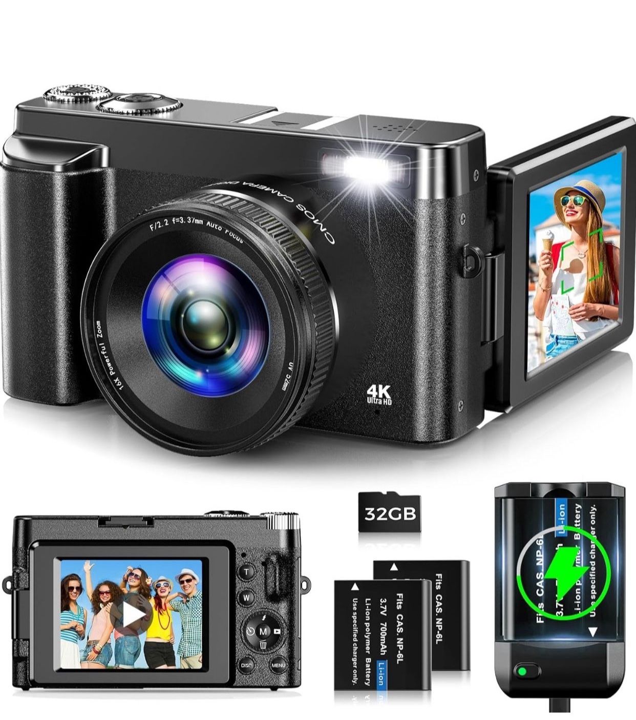 4K Digital Camera for Photography Autofocus 48MP Vlogging Camera for YouTube with 3'' 180°Flip Screen 16X Digital Zoom 4K Video Compact Travel Camera