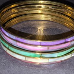 Cloisonne Shell/Mother Of Pearl And Brass Bangle Bracelets, Six Assorted Colors