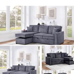 $380 . 2-P Convertible Sectional  Sleeper Sofa W/ Cupholder Sofa Storage & USB Ports  89”x 59”X36”H