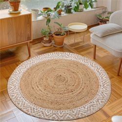 New voyzz home Premium Natural Jute Braided Area Rug, 6-feet Round, White Printed Border, Stain Resistance, Natural Handmade Rug for Entryways, Living