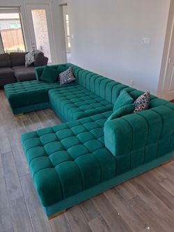 Large Tufted Velvet Sectional Sofa Teal