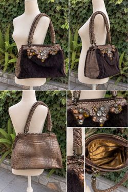 Y2K Boho Whimsigoth Faux Fur Jeweled Handbag – Maximalist Statement Bag