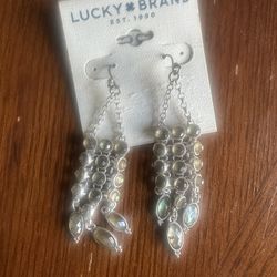 NWT! Lucky Brand long, sparkling multi chain Dangle Drop Earrings. Blue accents
