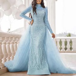 Elegant Light Blue Mermaid Evening Dress for Women 2023 Long Sleeves High Neck Beads Sequin Formal Prom Wedding Party Gowns