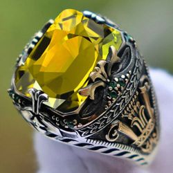 Men's Handmade Yellow Citrine Turkish Two Tone Ring - Size 10