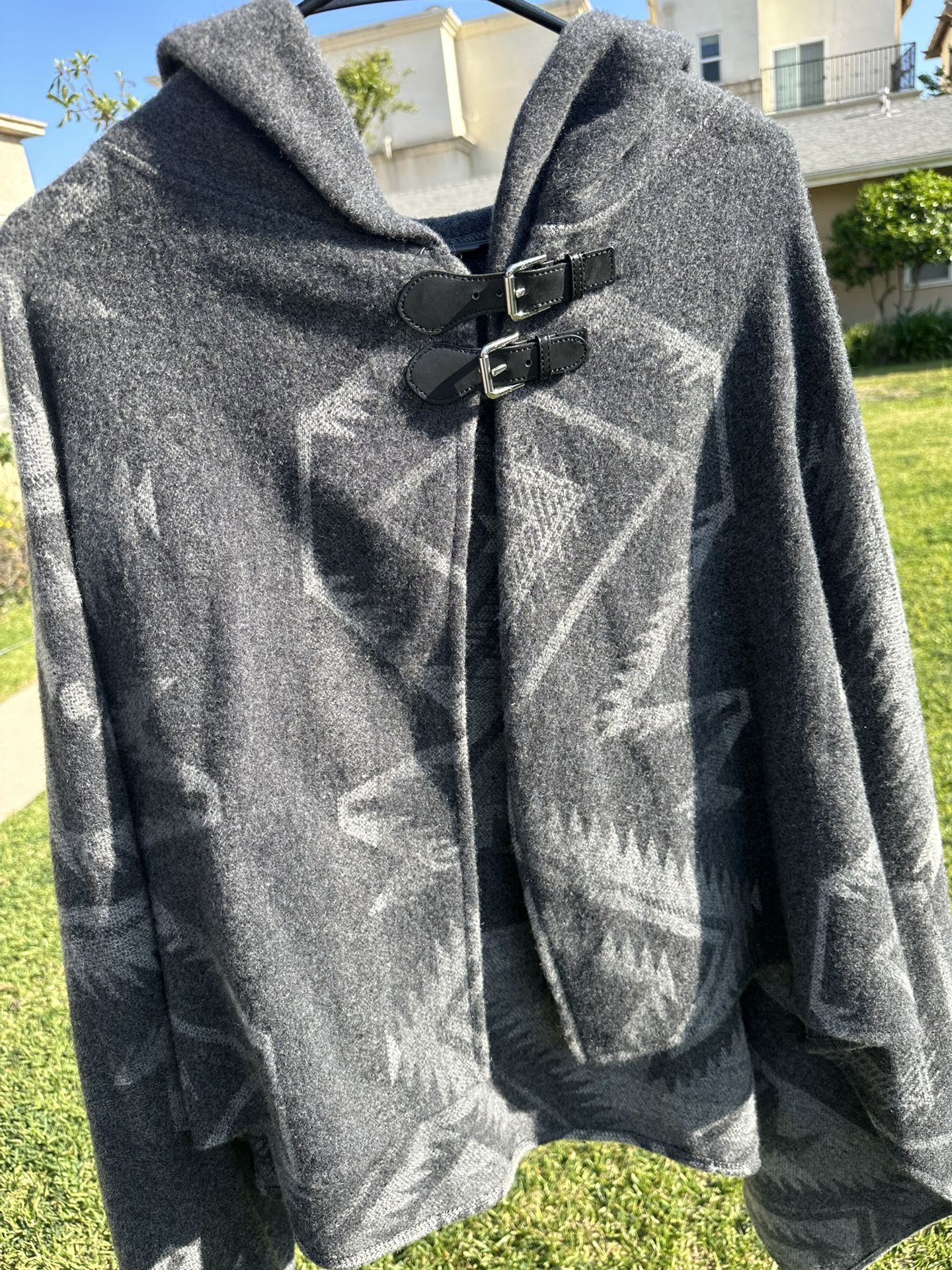 Vintage RALPH LAUREN Lambs wool blend Southwestern Woven Poncho With Leather Buckles
