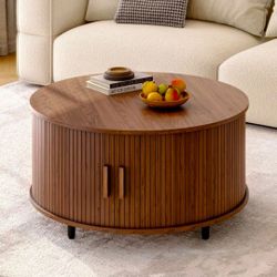 31.5" Modern Round Coffee Table With 360° Curved Sliding Door, Color: Walnut