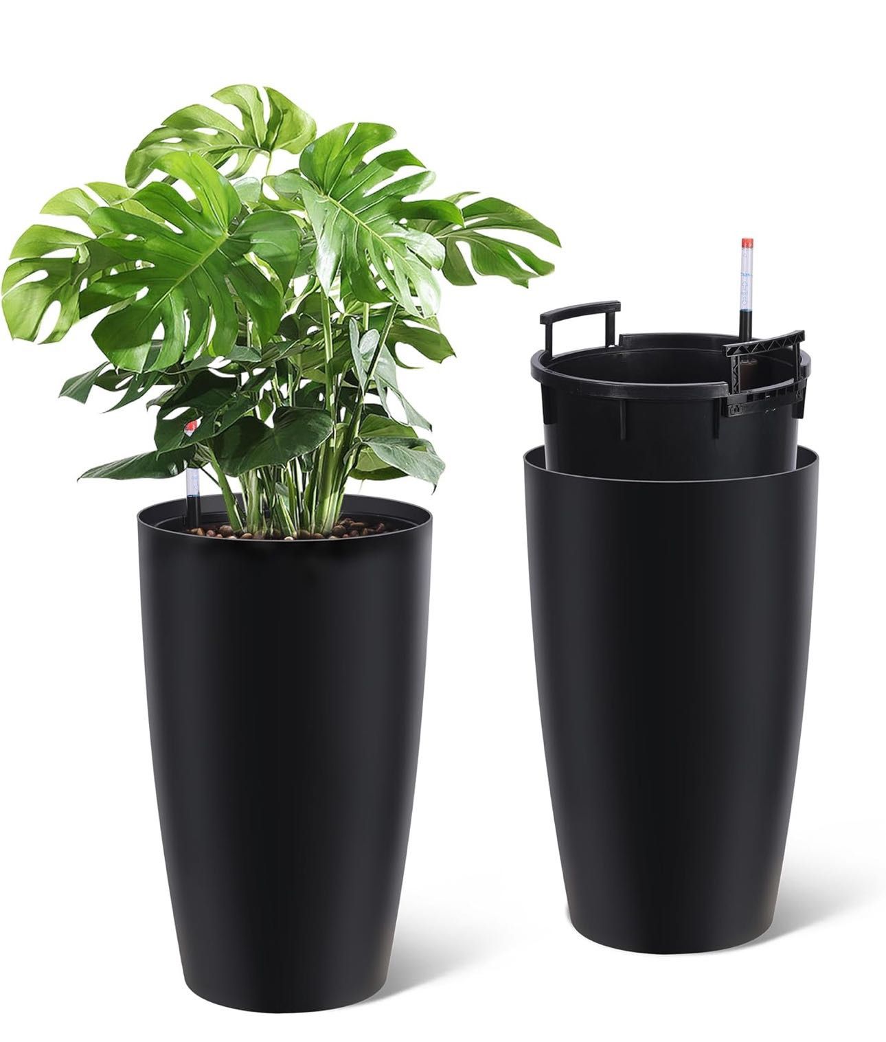 22" Tall Round Planter Set of 2, Self Watering Pots for Indoor Plants, Large Flower Pot Outdoor with Built-in Drainage and a Water Level Monitor, for