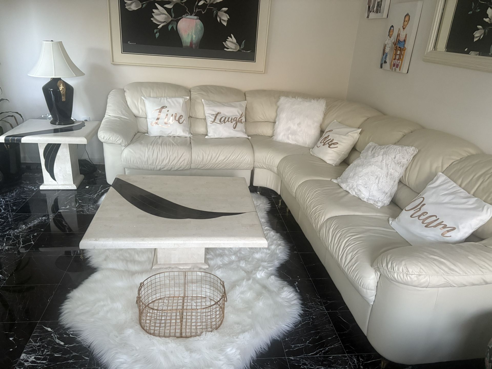 Used Genuine Leather Sectional With Acrylic Legs, Coffee Table, One End Table, Sofa Table, Dining Table, Six Chairs& Wall Unit