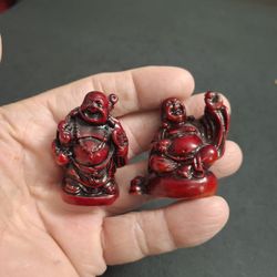 Feng Shui Set Of 2 Mini Red Resin Laughing Buddha Figurines 1.75"H For Good Luck, Prosperity & Happiness 
