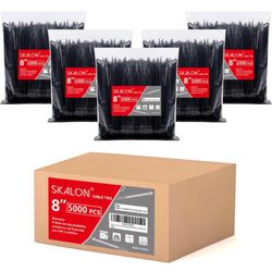 Zip Ties 8 inch (5000 Pack), 40lbs Tensile Strength, Black Cable Ties, Wire Ties for indoor and outdoor use, by Skalon