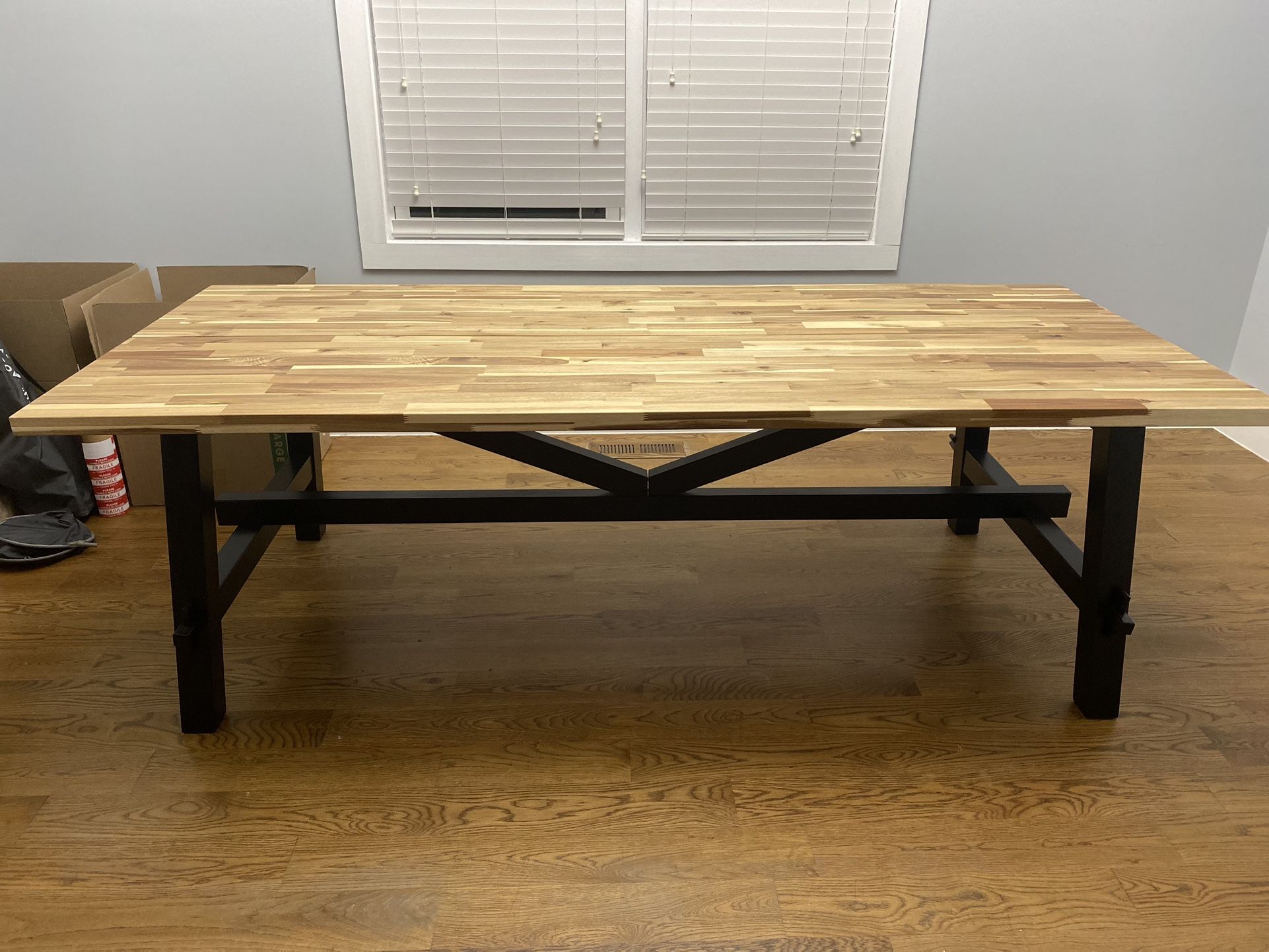 Modern Farmhouse Style Ikea Skogsta Dining Table & 6 Sheffield Windsor Chairs