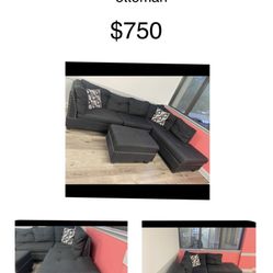 Beautiful black three-piece sectionals with nail studs cupholder and storage ottoman