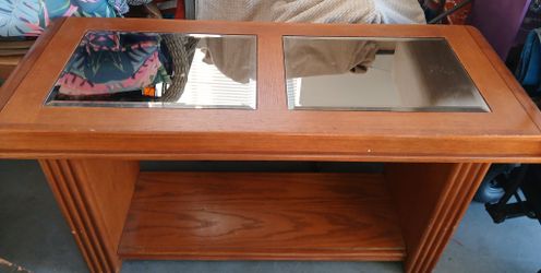 Solid wood coffee table or console table with glass top insert and lower shelf
